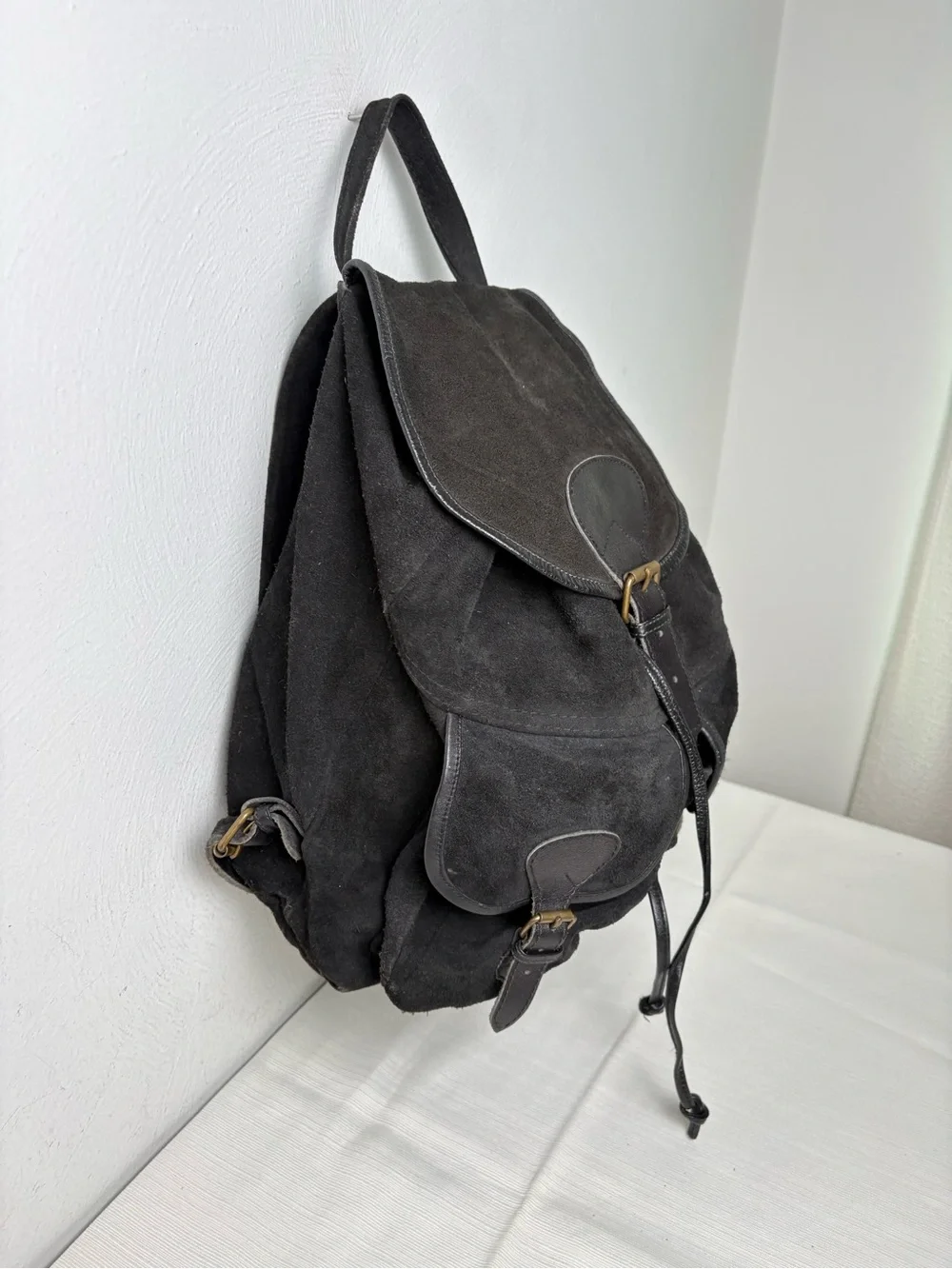 Vintage Handmade in Pakistan Genuine Suede Leather Buckle Drawstring Backpack